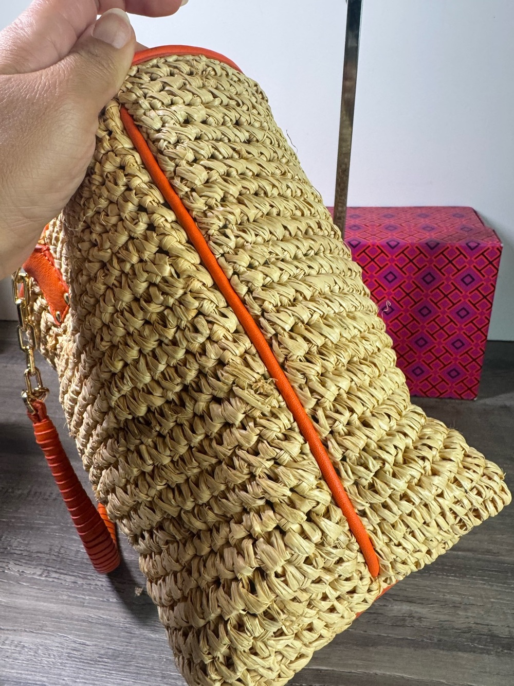 Tory Burch Straw Tote shoulder chain Orange Trim and Gold Chain Handles - Picture 7 of 9